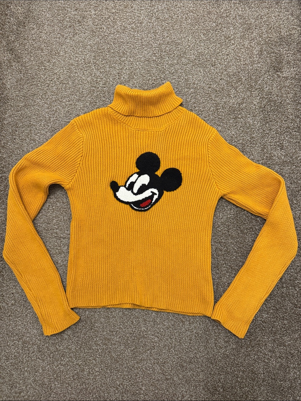 Mustard Yellow Turtleneck Sweater with Graphic Mickey Face
